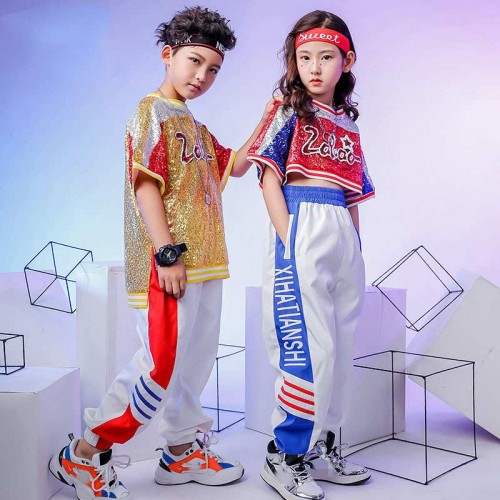 Kids gold sequin Jazz dance hip-hop street costumes for girls boys rapper singers dancers dance model show outfits drum performance clothes for children